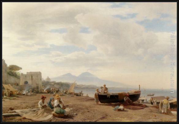 Framed Oswald Achenbach fishermen on the amalfi coast painting