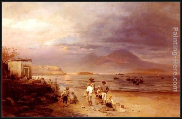Framed Oswald Achenbach fishermen with the bay of naples and vesuvius beyond painting