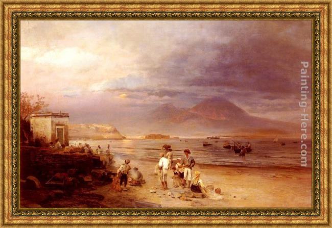 Framed Oswald Achenbach fishermen with the bay of naples and vesuvius beyond painting