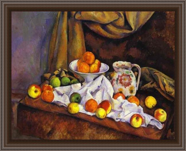 Still Life With Fruit Curtain And Flowered Pitcher by Paul Cezanne