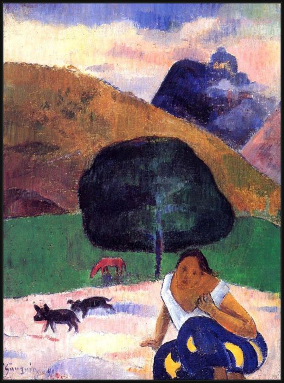 Framed Paul Gauguin landscape with black pigs and a crouching tahitian painting
