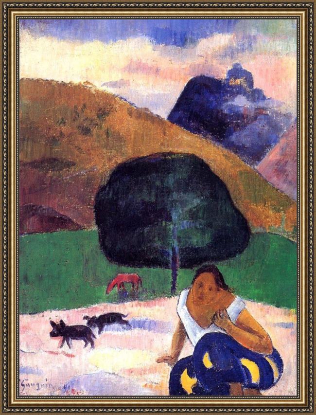 Framed Paul Gauguin landscape with black pigs and a crouching tahitian painting