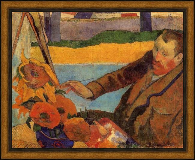 Framed Paul Gauguin portrait of vincent van gogh painting sunflowers painting
