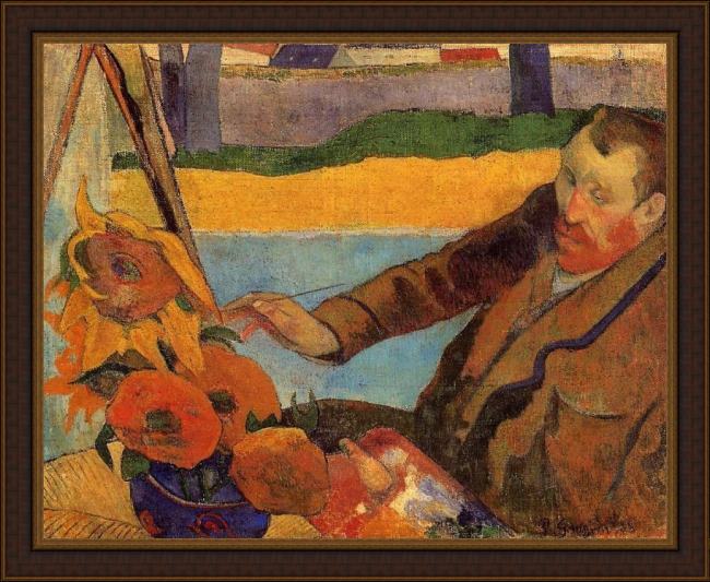 Framed Paul Gauguin portrait of vincent van gogh painting sunflowers painting