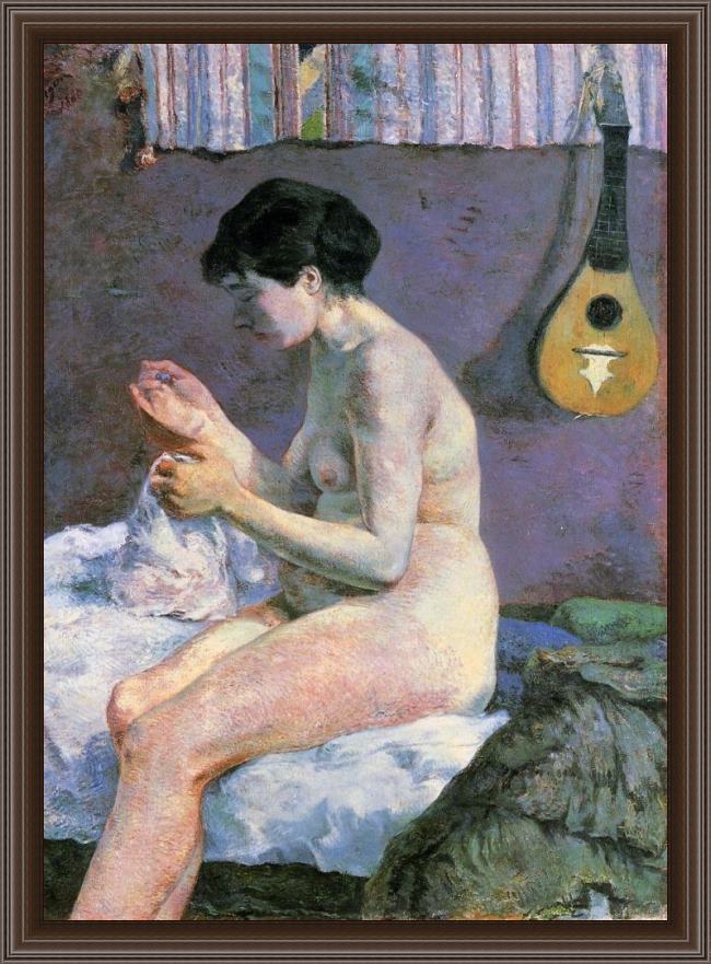 Framed Paul Gauguin study of a nude suzanne sewing painting