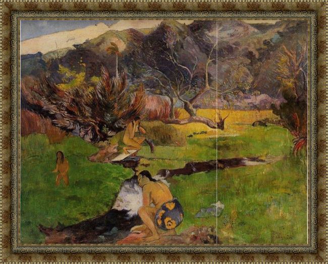 Framed Paul Gauguin tahitian woman near a river painting