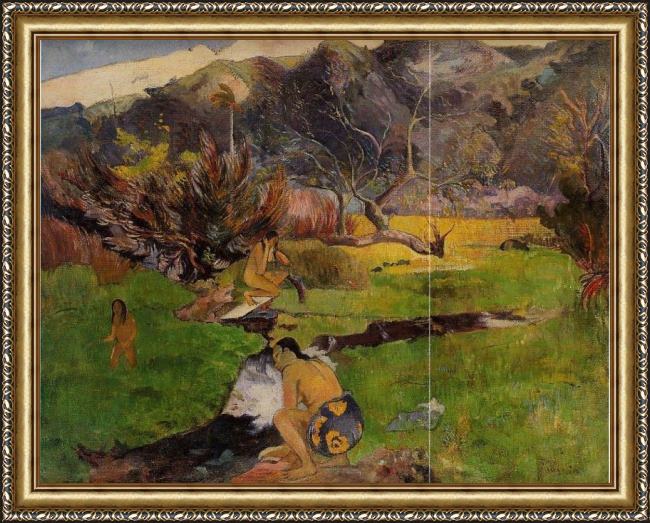 Framed Paul Gauguin tahitian woman near a river painting