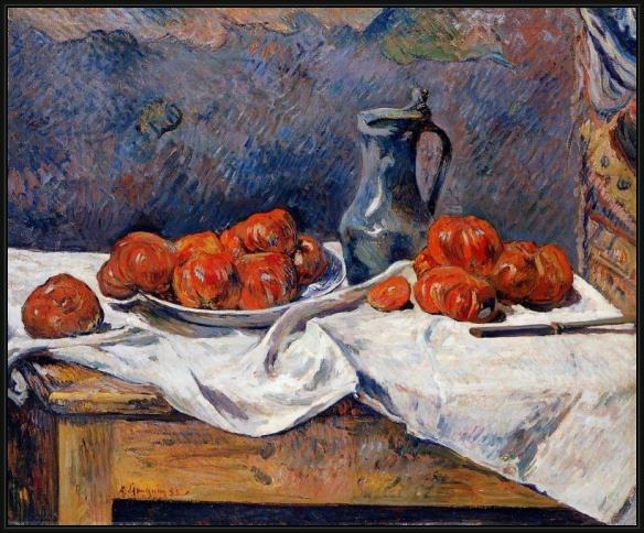 Framed Paul Gauguin tomatoes and a pewter tankard on a table painting