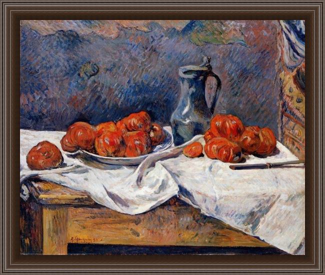 Framed Paul Gauguin tomatoes and a pewter tankard on a table painting