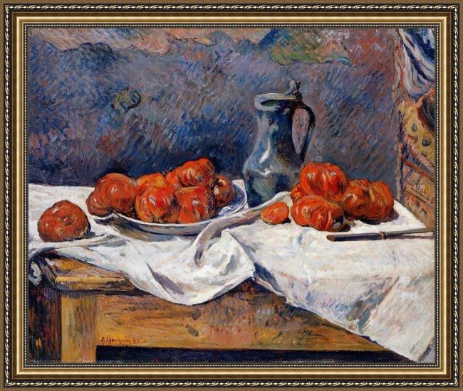 Framed Paul Gauguin tomatoes and a pewter tankard on a table painting