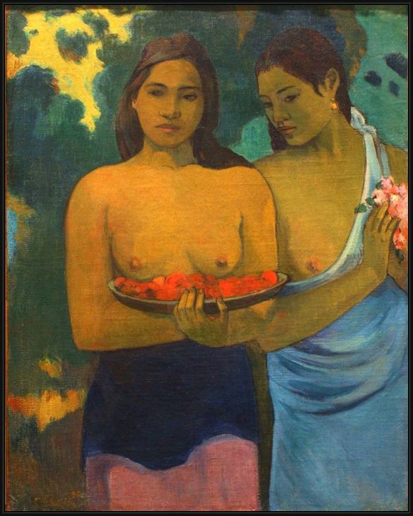 Framed Paul Gauguin two tahitian women painting