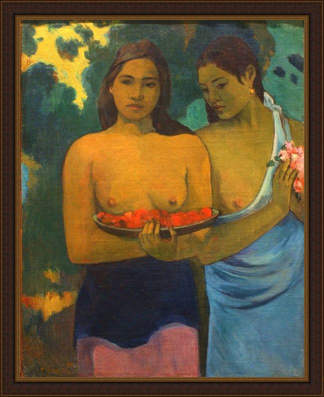 Framed Paul Gauguin two tahitian women painting