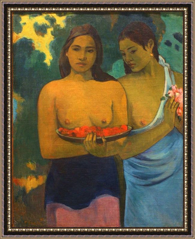 Framed Paul Gauguin two tahitian women painting