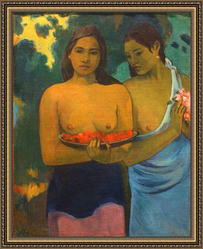 Framed Paul Gauguin two tahitian women painting