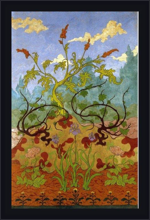 Framed Paul Ranson iris and large yellow and mauve flowers painting