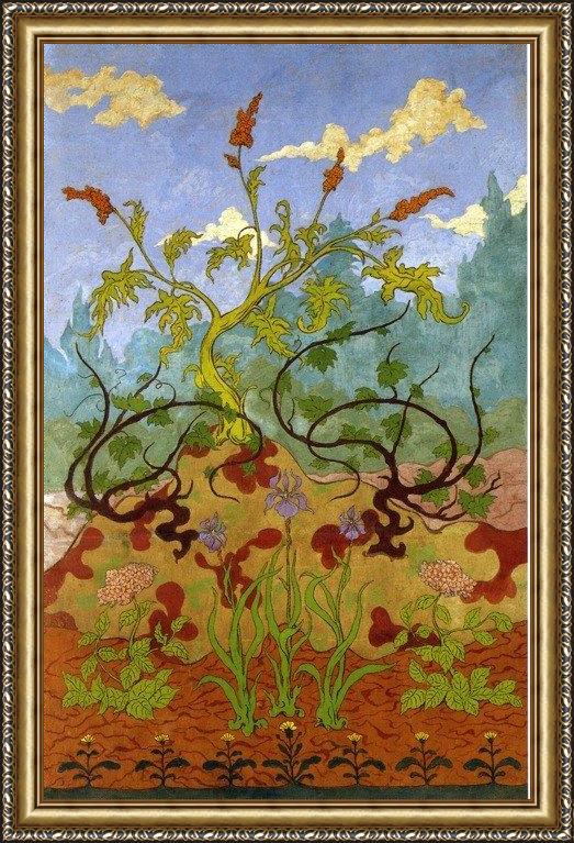 Framed Paul Ranson iris and large yellow and mauve flowers painting