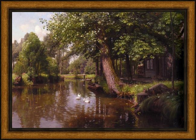 Framed Peder Mork Monsted on the river painting