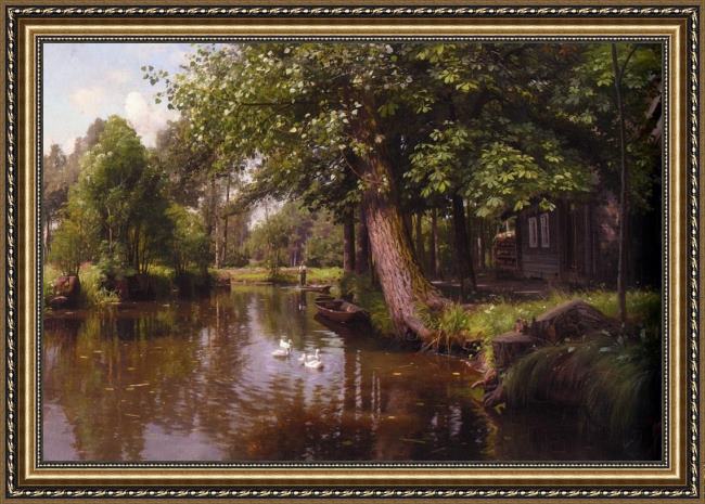 Framed Peder Mork Monsted on the river painting