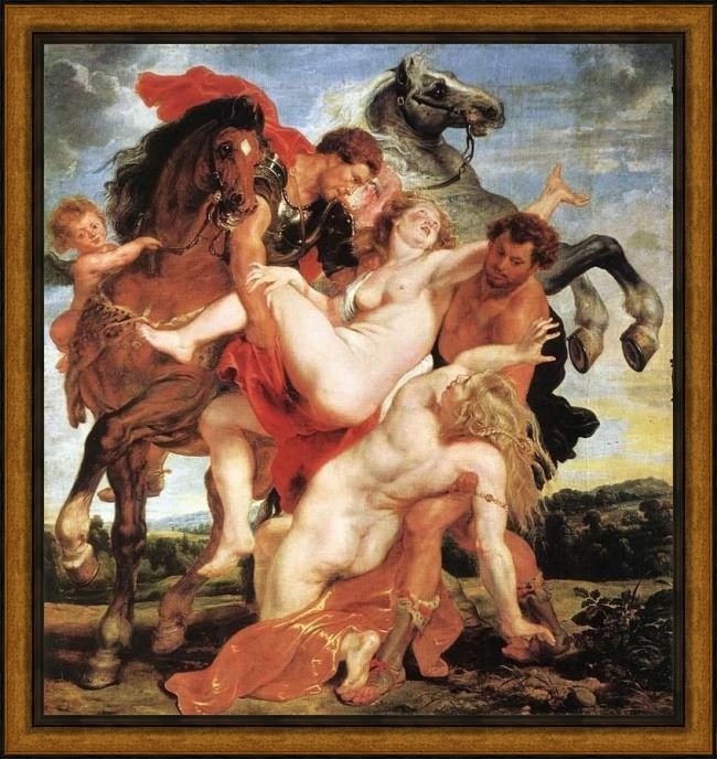 Framed Peter Paul Rubens rape of the daughters of leucippus painting