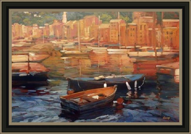Framed Philip Craig anchored boats - portofino painting