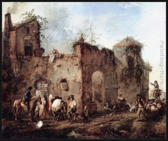 Framed Philips Wouwerman courtyard with a farrier shoeing a horse painting