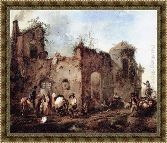 Framed Philips Wouwerman courtyard with a farrier shoeing a horse painting