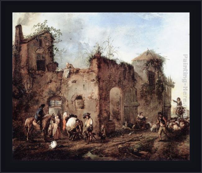 Framed Philips Wouwerman courtyard with a farrier shoeing a horse painting