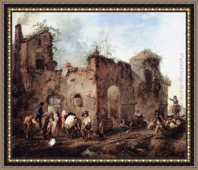 Framed Philips Wouwerman courtyard with a farrier shoeing a horse painting