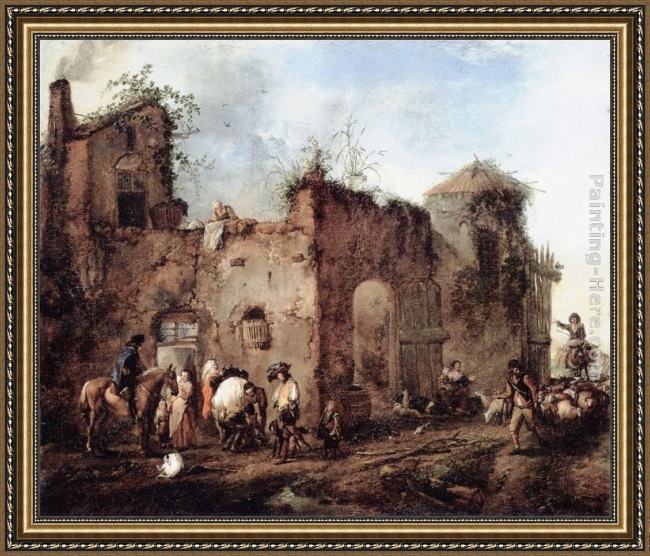 Framed Philips Wouwerman courtyard with a farrier shoeing a horse painting