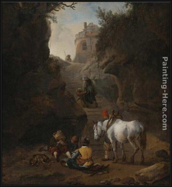 Framed Philips Wouwerman peasants playing cards by a white horse in a rocky gully painting