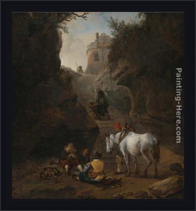 Framed Philips Wouwerman peasants playing cards by a white horse in a rocky gully painting