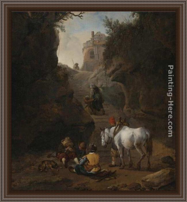 Framed Philips Wouwerman peasants playing cards by a white horse in a rocky gully painting