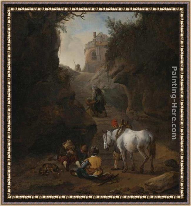 Framed Philips Wouwerman peasants playing cards by a white horse in a rocky gully painting