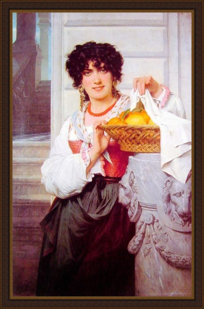 Framed Pierre-Auguste Cot pisan girl with basket of oranges and lemons painting
