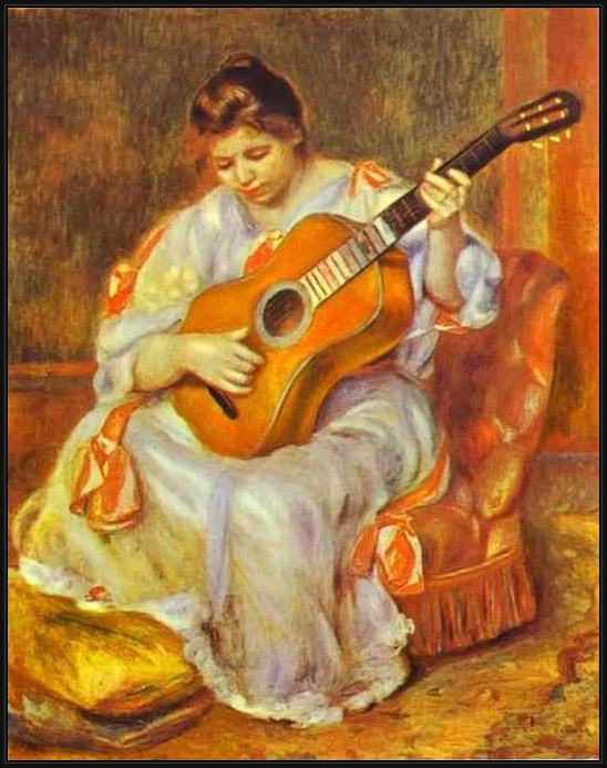 Framed Pierre Auguste Renoir a woman playing the guitar painting