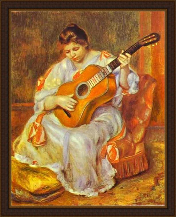 Framed Pierre Auguste Renoir a woman playing the guitar painting