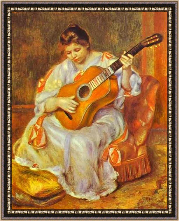 Framed Pierre Auguste Renoir a woman playing the guitar painting