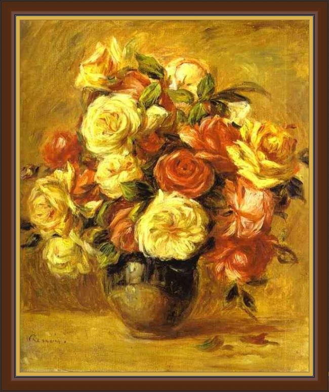 Framed Pierre Auguste Renoir bouquet of roses (bouquet de roses) painting