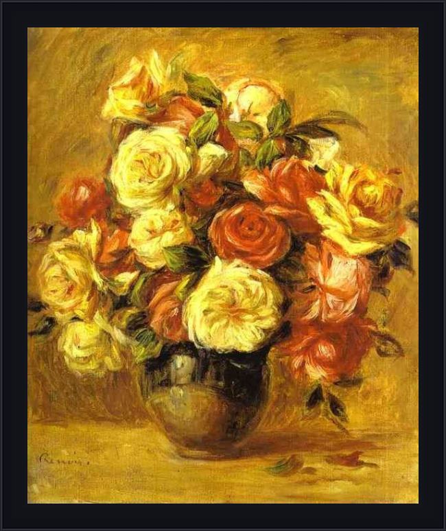 Framed Pierre Auguste Renoir bouquet of roses (bouquet de roses) painting