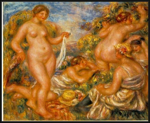 Framed Pierre Auguste Renoir les baigneuses painting