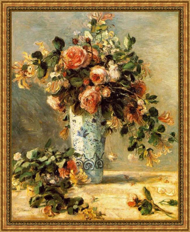 Framed Pierre Auguste Renoir les roses et jasmin dans le vase de delft painting