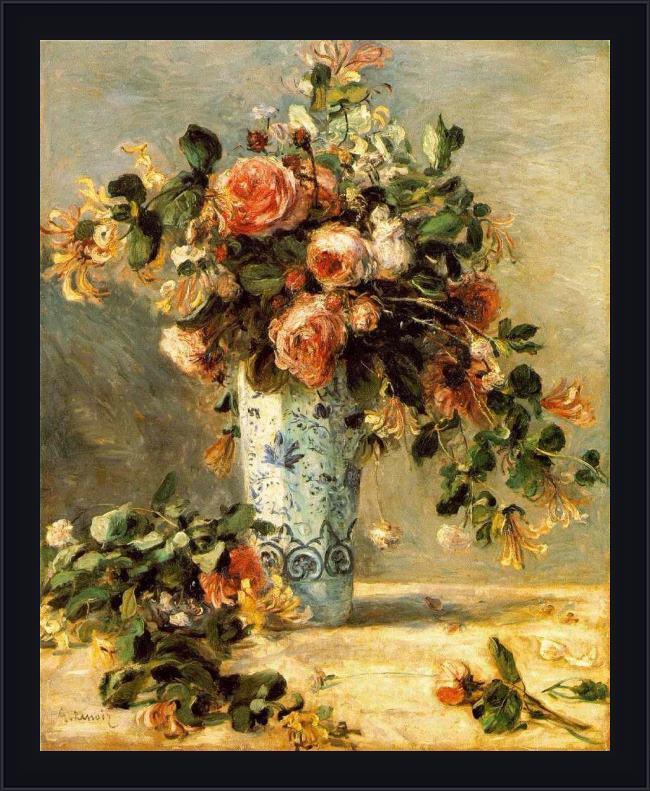 Framed Pierre Auguste Renoir les roses et jasmin dans le vase de delft painting