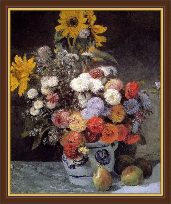 Framed Pierre Auguste Renoir mixed flowers in an earthware pot painting