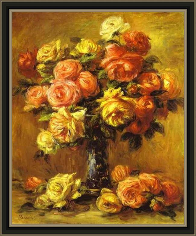 Framed Pierre Auguste Renoir roses in a vase painting