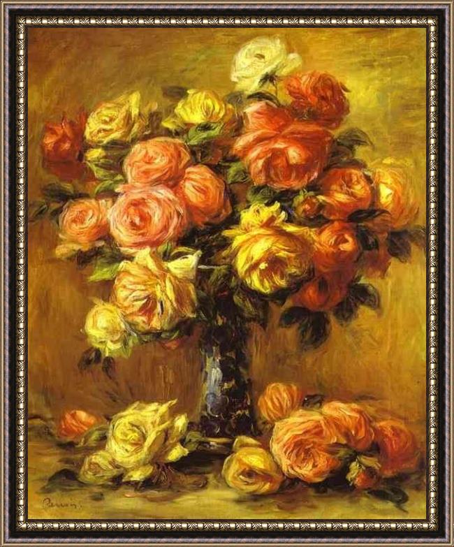 Framed Pierre Auguste Renoir roses in a vase painting