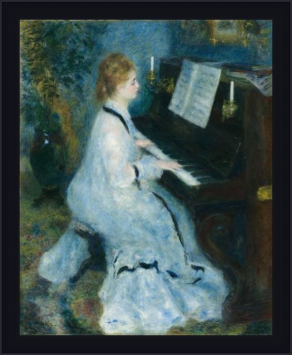 Framed Pierre Auguste Renoir woman at the piano painting