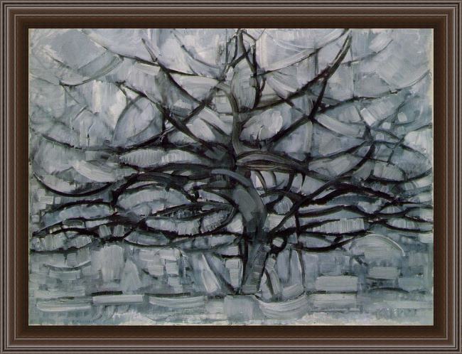 Framed Piet Mondrian gray tree painting