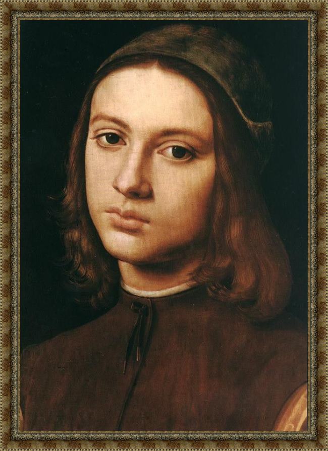 Framed Pietro Perugino portrait of a young man (detail) painting