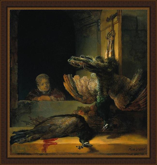 Framed Rembrandt dead peacocks painting