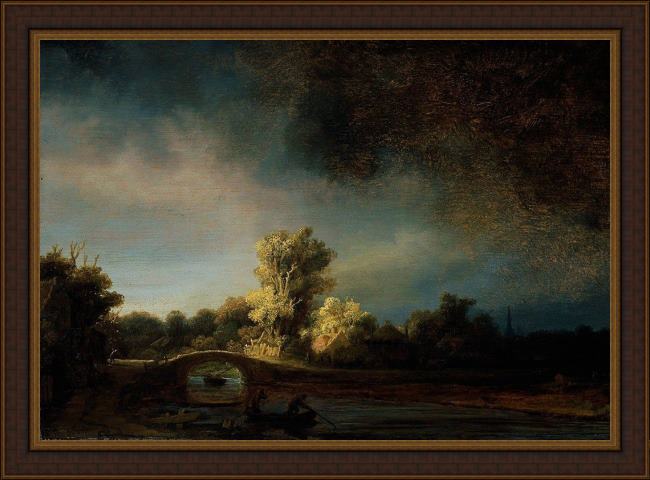 Framed Rembrandt the stone bridge painting